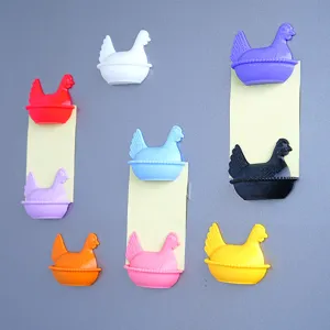 Colorful 3D printed hen fridge magnets, cute magnetic memo holders for kitchen whiteboard.