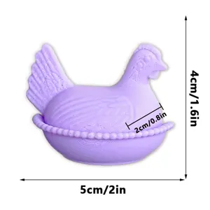 Detailed view of 3D printed purple chicken fridge magnet with clear size dimensions.