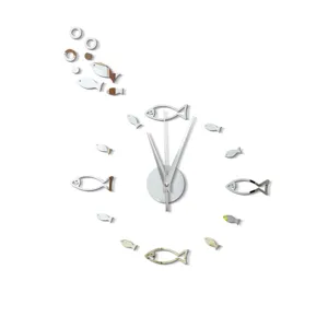 Detail shot of mirror acrylic fish wall clock showing creative DIY wall stickers and hands.