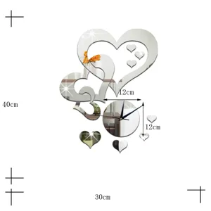 Acrylic heart mirror wall clock detail, modern decorative DIY home living room decor.