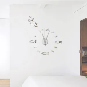 Acrylic fish school wall clock detail shot, modern DIY decorative sticker clock for living room.