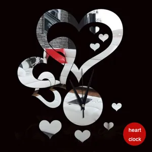 Closeup of acrylic mirror heart wall clock detail, modern living room wall decor reflection.