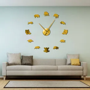 Gold acrylic 3D mirror wall clock with wild boar animal design for modern living room decor.