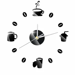 Modern DIY coffee wall clock mirror acrylic kitchen living room silent decorative timepiece