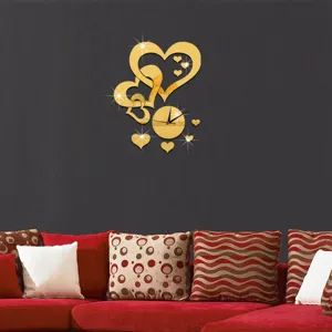 Creative acrylic mirror wall clock, gold heart design for modern living room and bedroom decor.