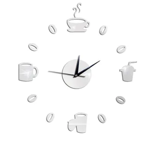 DIY coffee wall clock mirror acrylic sticker modern home decor living room kitchen detail view