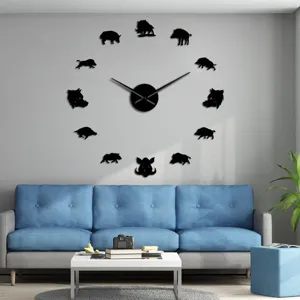 Detailed scene of a modern 3D wild boar wall clock mounted in a cozy living room decor.
