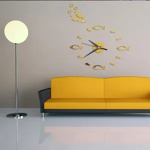 Creative acrylic fish wall clock detail, modern mirror wall sticker for living room decor.
