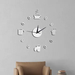 Modern silent DIY wall clock with coffee cup design, perfect for kitchen and living room decor.