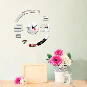 Acrylic mirror wall clock detail, modern DIY wall sticker clock face design for home decor.