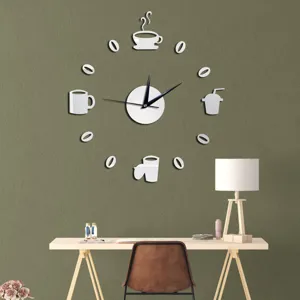 Modern coffee themed DIY wall clock with mirror finish, perfect for kitchen and decor.