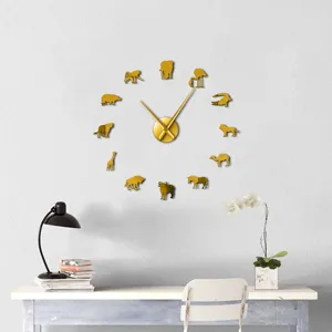 Detail view of the large gold acrylic animal silhouette wall clock mounted in a modern room.