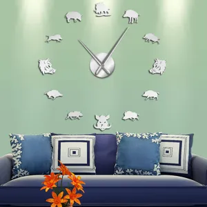 Large 3D acrylic mirror wall clock with wild boar animal design, modern DIY decor for living room.