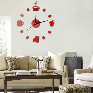 DIY coffee wall clock scene detail, red acrylic mirror sticker design for living room decor.