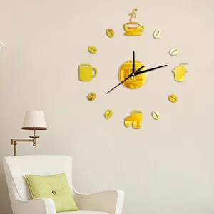 Gold acrylic DIY wall clock coffee theme silent sticker for home living room decor.