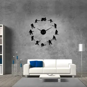 Modern hockey acrylic mirror wall clock in living room scene, stylish home decor.