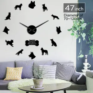 DIY Grote Wandklok Acryl Spiegel 3D Muursticker Duitse Herder Hond Siluett Stille Frameloze Wandklok Voor Woonkamer Huisdecoratie