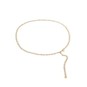 Gold metal chain belt for women, stylish waist chain accessory for jeans and dresses.