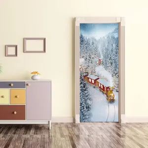 3D Christmas door sticker waterproof removable winter train wallpaper bedroom living decor