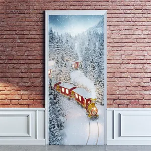 Christmas 3D Simulation Door Sticker Waterproof Removable PVC Wall Paper Snow Scenery Train Home Decor Mural