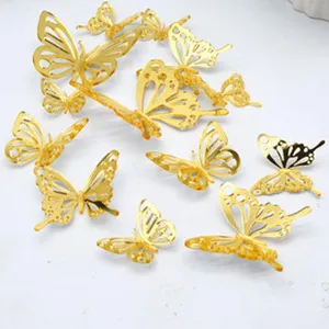 3D gold hollow butterfly wall stickers set, metallic finish decorative decals for home interior.