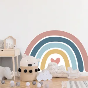 Boho rainbow wall decal scene showing large pastel arch design for kids room decor.