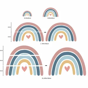 Boho rainbow wall sticker size chart showing S M L XL dimensions and assembly guide details.