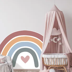 Boho rainbow wall sticker for nursery room decor, large pastel rainbow decal for kids bedroom interior.