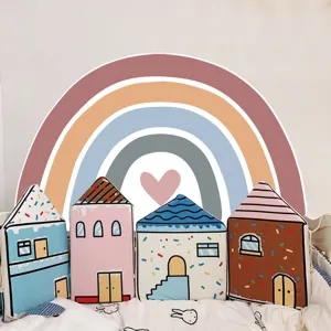Boho rainbow wall sticker and cute house pillows for kids room decor, large background sticker.