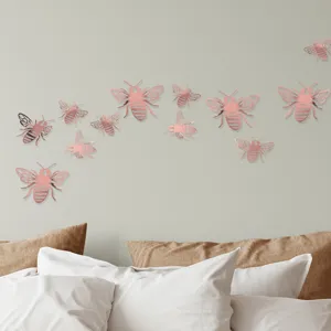 12pcs 3D hollow rose gold bee wall stickers detail view, perfect for wedding home decor.