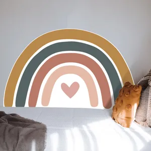 Boho rainbow wall sticker detail showing warm aesthetic bedroom decor and adhesive quality.