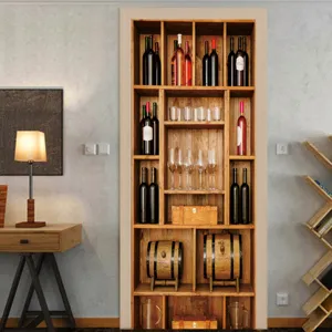 3D retro wooden bookshelf door sticker waterproof self adhesive wall mural for home decor