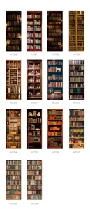 3D bookshelf door sticker vintage bookcase wallpaper waterproof self-adhesive mural home decor