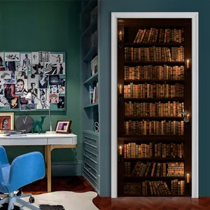 3D bookshelf door sticker scene showing realistic vintage library wallpaper effect on room door.