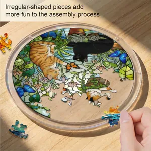 Acrylic stained glass cat round puzzle, colorful hanging decoration with irregular shaped pieces.