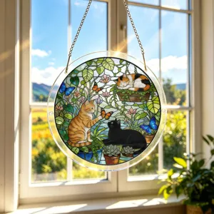Stained glass style acrylic cat hanging decoration detail, sunny window view, colorful art piece.