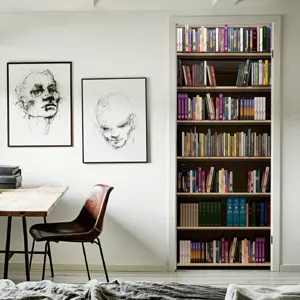 3D bookshelf door sticker waterproof self-adhesive wallpaper for home decor room mural.