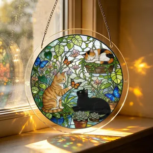 Circular acrylic window hanging with stained glass cat and butterfly puzzle design.