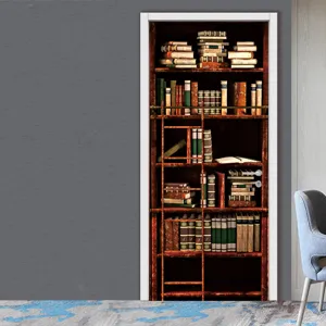3D bookshelf door sticker vintage bookcase wallpaper self-adhesive waterproof home decor mural