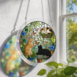 Round acrylic stained glass window hanging suncatcher with cute cats and plants for home decor