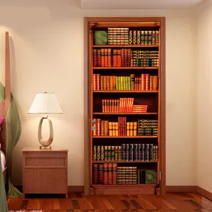 3D bookshelf door sticker detail view, waterproof self-adhesive wallpaper for bedroom decor.
