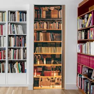 Discover 3D bookshelf door sticker detail, realistic retro library wallpaper for home room decor.