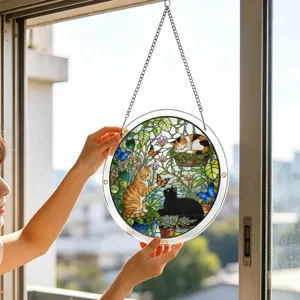 Stained glass style acrylic cat hanging decoration, beautiful round window suncatcher pendant.