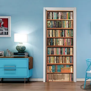 3D bookshelf door sticker waterproof self-adhesive wallpaper for bedroom living room decor