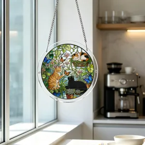 Round acrylic hanging decoration with vibrant stained glass cat and butterfly art for home.