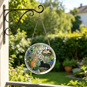 Round acrylic hanging sign with stained glass cat design for window or garden decor.