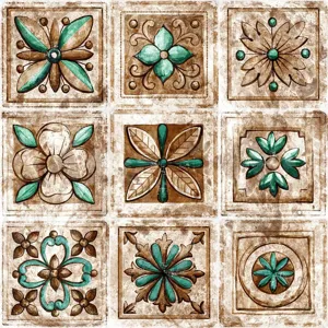 Retro vintage square floor tile stickers with classic green and brown floral patterns.