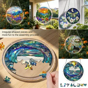 Acrylic Puzzle Hanging Sign Stained Glass Scenic Animal Decorative Round Pendant Window Wall Decor