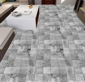 Grey marble pattern square floor sticker, anti-slip tile decal for home living room decor.