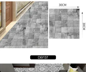 Grey stone texture tile sticker detail view, showing 30x30cm size and flooring application.